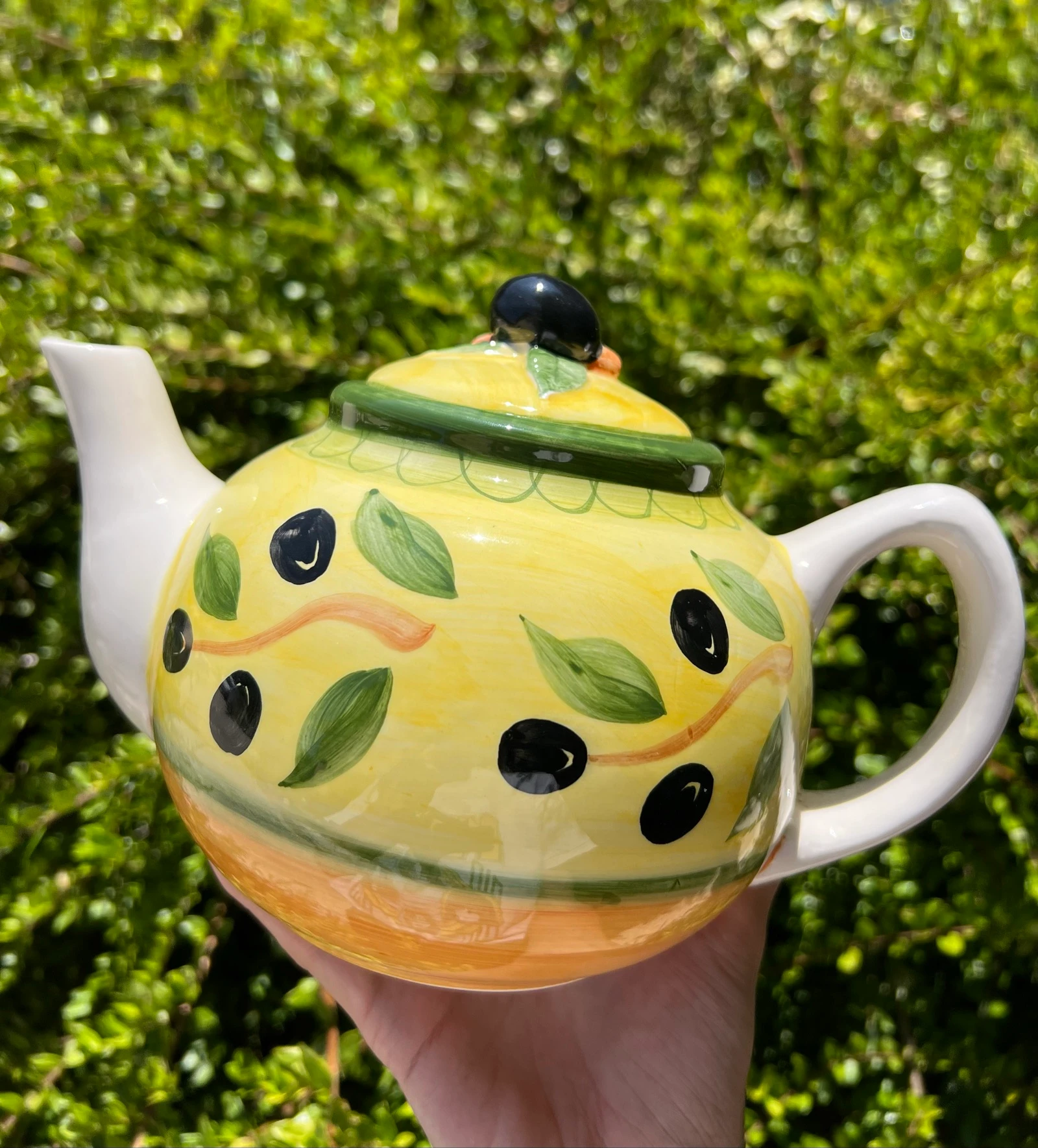 🫒 Théière vintage en céramique L. Dake & Zn Amsterdam jaune décor olives